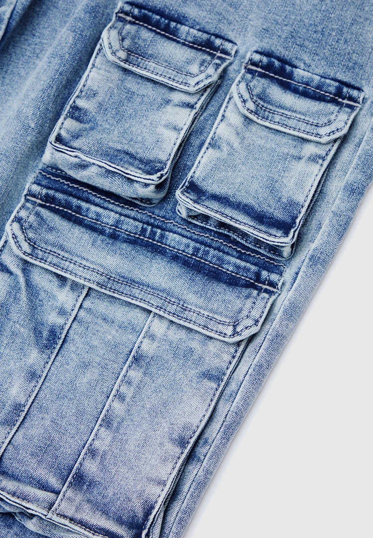 Man Denim Cargo Pocket Jeans - Stonewash Blue