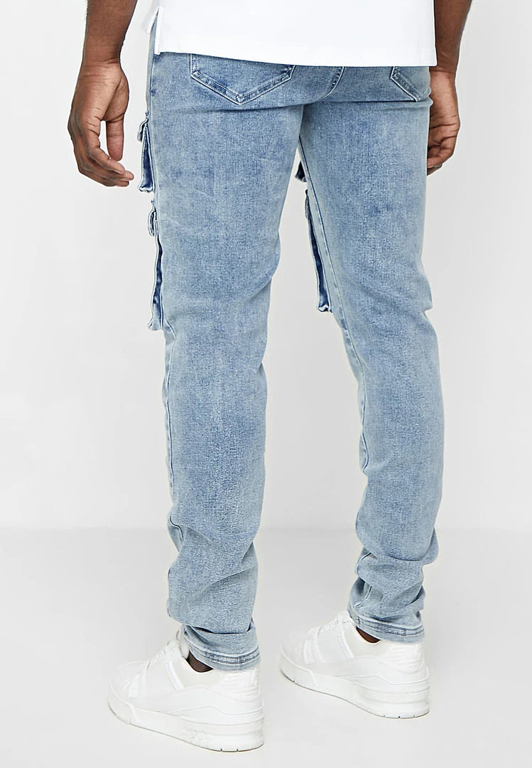 Man Denim Cargo Pocket Jeans - Stonewash Blue