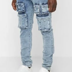 Man Denim Cargo Pocket Jeans - Stonewash Blue