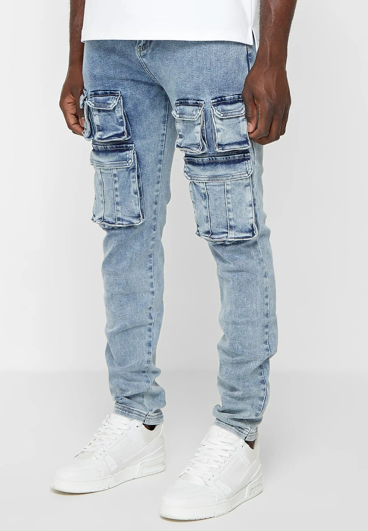 Man Denim Cargo Pocket Jeans - Stonewash Blue