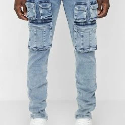 Man Denim Cargo Pocket Jeans - Stonewash Blue