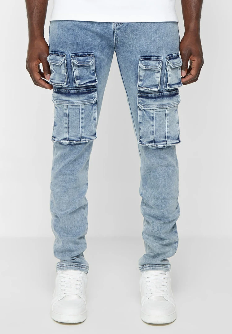Man Denim Cargo Pocket Jeans - Stonewash Blue
