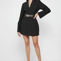 Woman Dresses Chain Belted Blazer Dress - Black