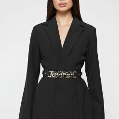 Woman Dresses Chain Belted Blazer Dress - Black