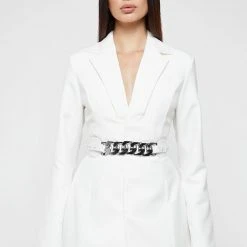Woman Dresses Chain Belted Blazer Dress - White