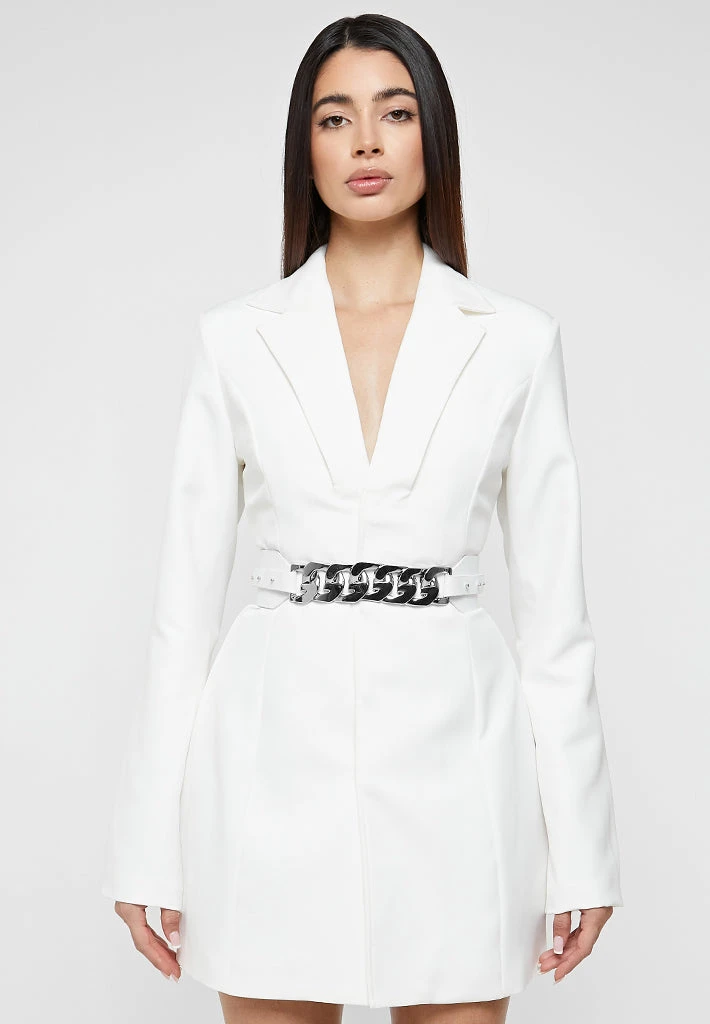 Woman Dresses Chain Belted Blazer Dress - White