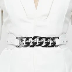 Woman Dresses Chain Belted Blazer Dress - White