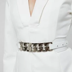 Woman Dresses Chain Belted Blazer Dress - White