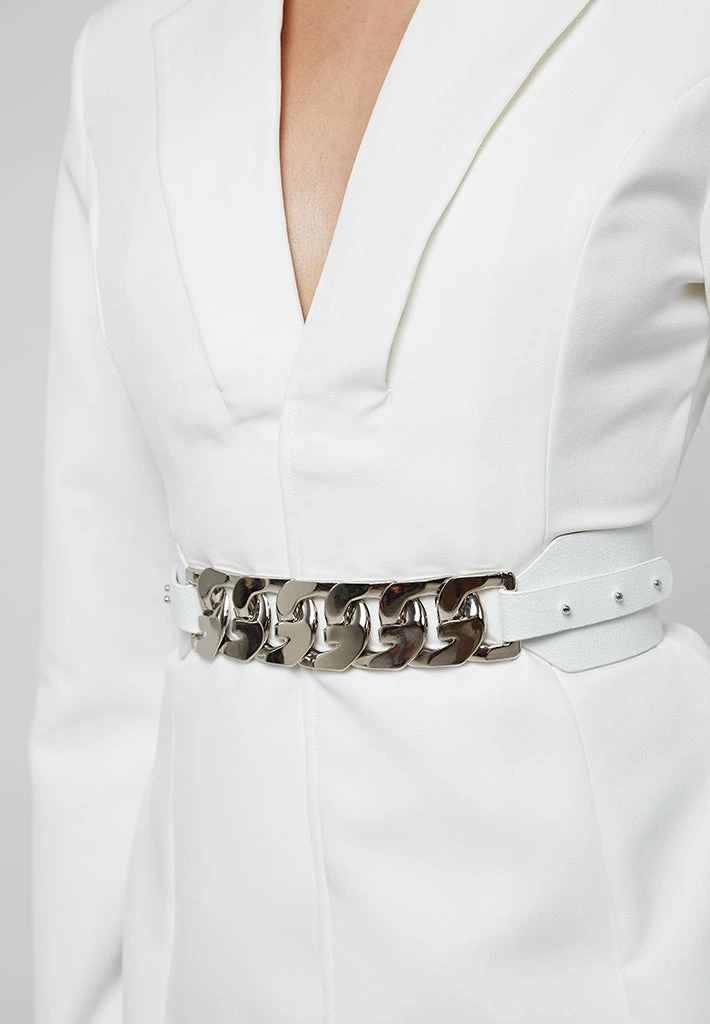 Woman Dresses Chain Belted Blazer Dress - White