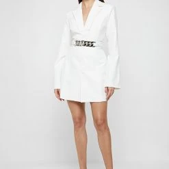 Woman Dresses Chain Belted Blazer Dress - White