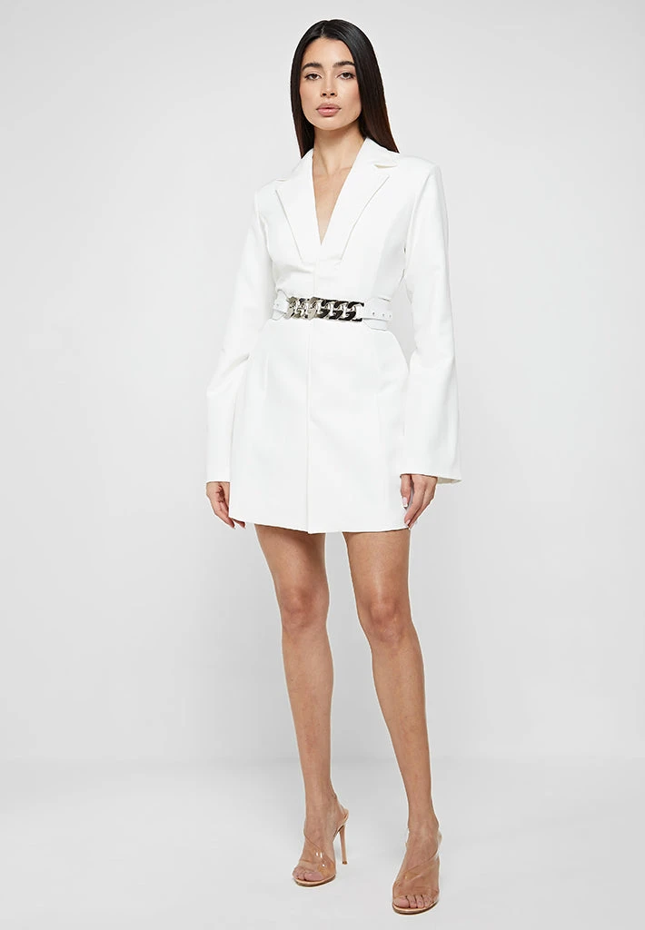 Woman Dresses Chain Belted Blazer Dress - White