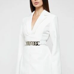 Woman Dresses Chain Belted Blazer Dress - White