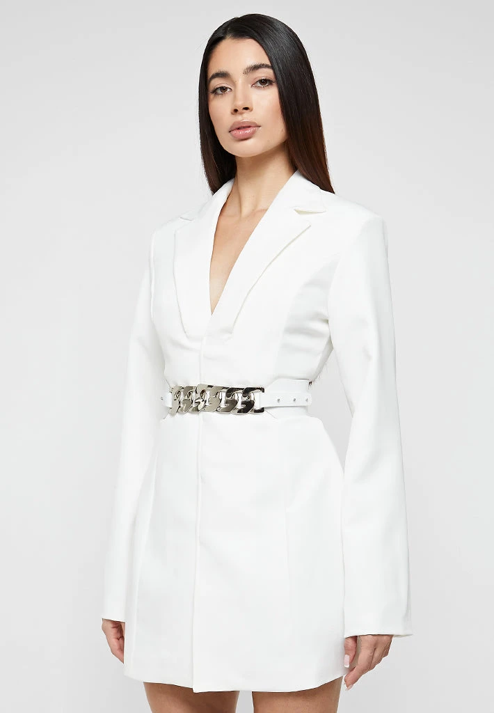 Woman Dresses Chain Belted Blazer Dress - White
