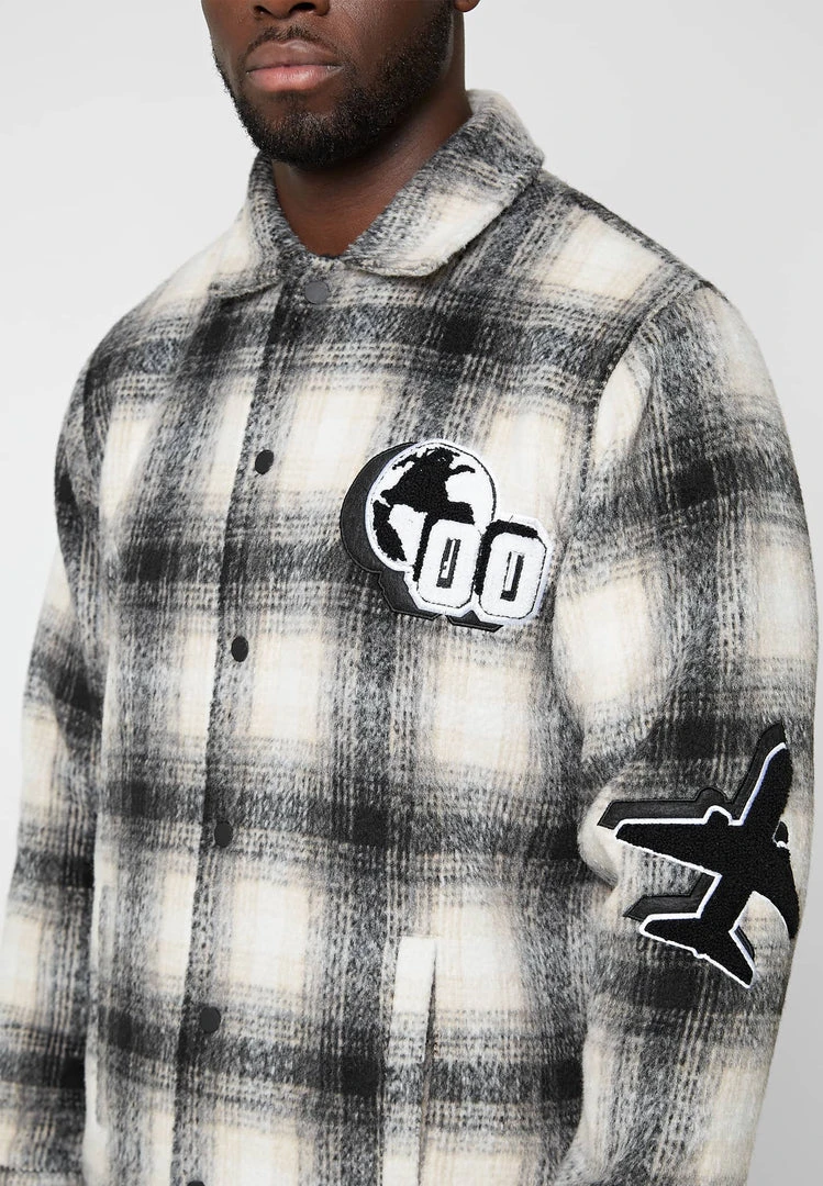 Man Shirts Check Shacket With Badge - Beige