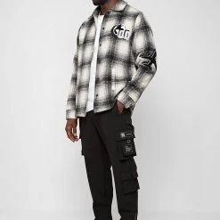 Man Shirts Check Shacket With Badge - Beige