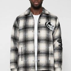 Man Shirts Check Shacket With Badge - Beige