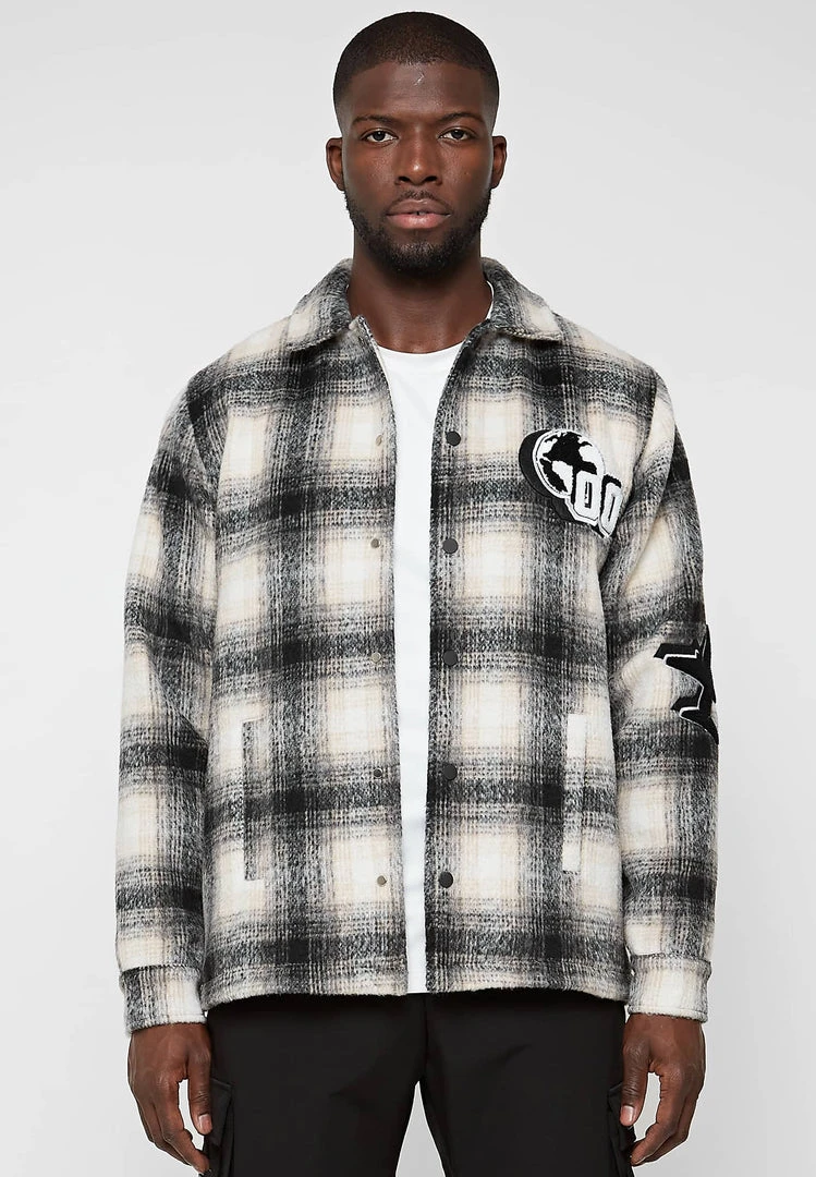 Man Shirts Check Shacket With Badge - Beige