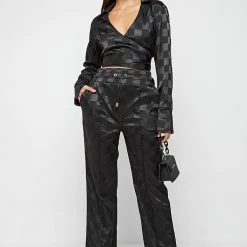 Woman Trousers Checkered Satin Wide Leg Trousers - Black