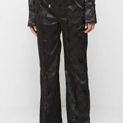 Woman Trousers Checkered Satin Wide Leg Trousers - Black