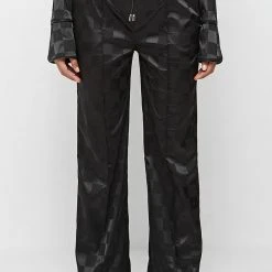 Woman Trousers Checkered Satin Wide Leg Trousers - Black