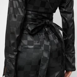 Woman Tops Checkered Satin Wrap Top - Black TOPS & T SHIRTS