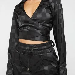 Woman Tops Checkered Satin Wrap Top - Black TOPS & T SHIRTS