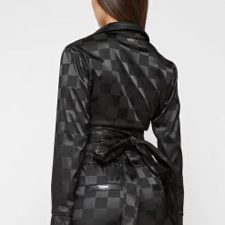 Woman Tops Checkered Satin Wrap Top - Black TOPS & T SHIRTS