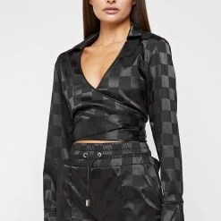 Woman Tops Checkered Satin Wrap Top - Black TOPS & T SHIRTS