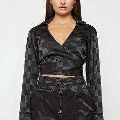 Woman Tops Checkered Satin Wrap Top - Black TOPS & T SHIRTS