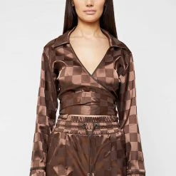 Woman Tops TOPS & T SHIRTS Checkered Satin Wrap Top - Brown