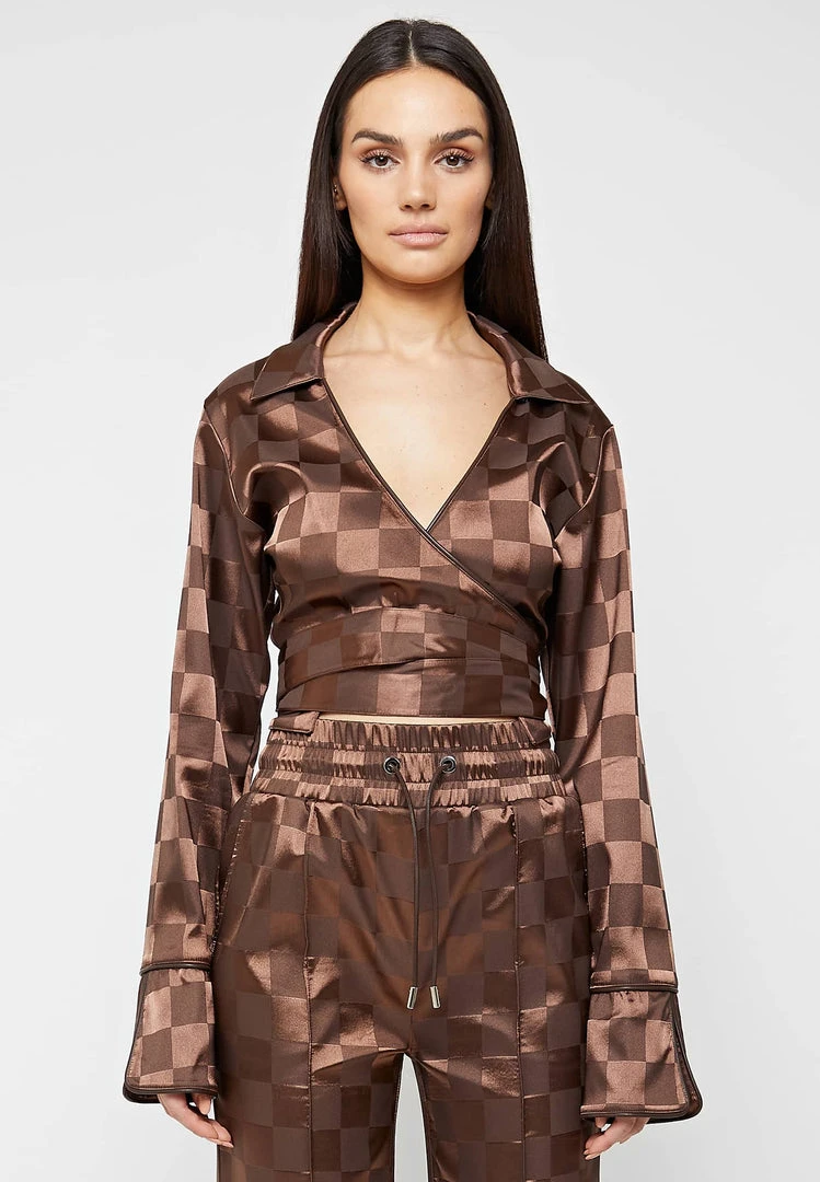 Woman Tops TOPS & T SHIRTS Checkered Satin Wrap Top - Brown