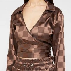 Woman Tops TOPS & T SHIRTS Checkered Satin Wrap Top - Brown