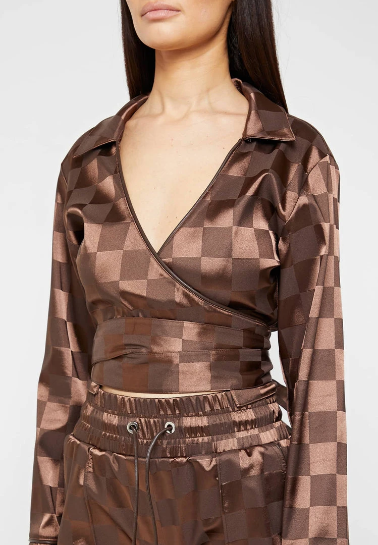 Woman Tops TOPS & T SHIRTS Checkered Satin Wrap Top - Brown