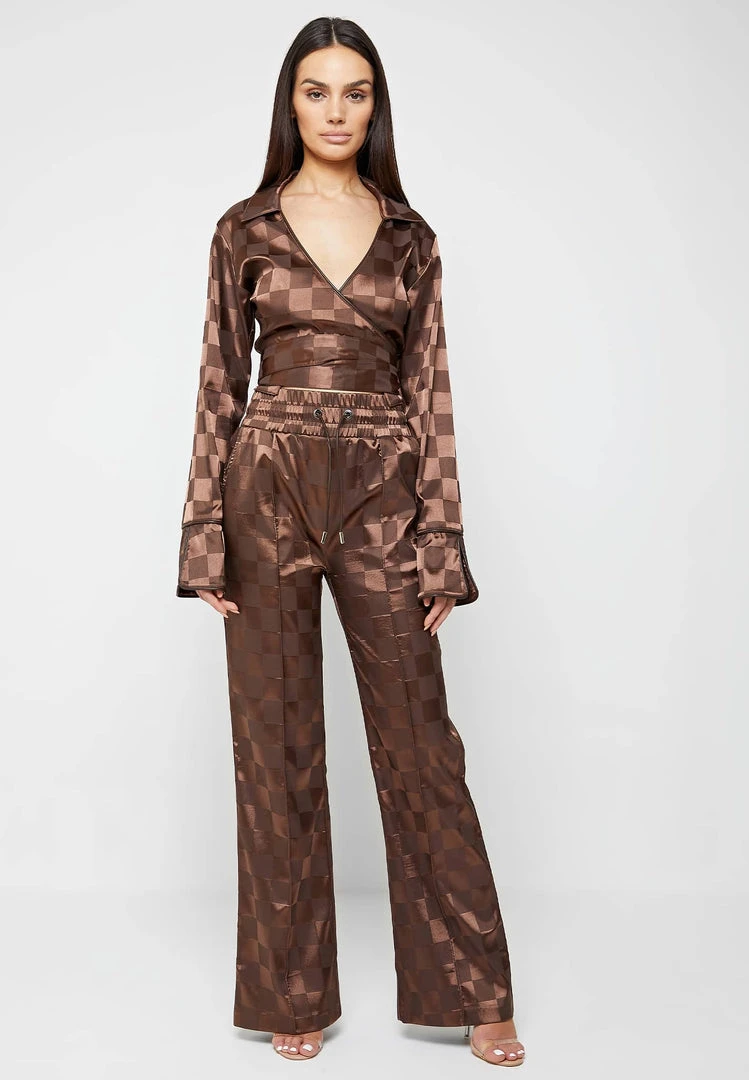 Woman Tops TOPS & T SHIRTS Checkered Satin Wrap Top - Brown