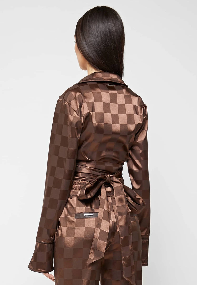 Woman Tops TOPS & T SHIRTS Checkered Satin Wrap Top - Brown
