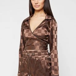 Woman Tops TOPS & T SHIRTS Checkered Satin Wrap Top - Brown