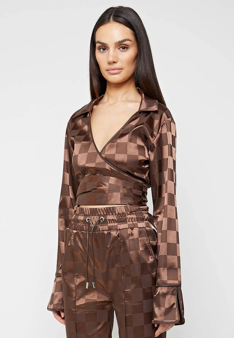 Woman Tops TOPS & T SHIRTS Checkered Satin Wrap Top - Brown