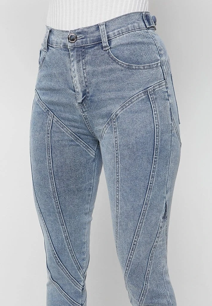 Woman Denim Contour Seam Detail Skinny Jeans - Mid Blue