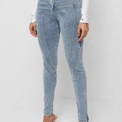 Woman Denim Contour Seam Detail Skinny Jeans - Mid Blue
