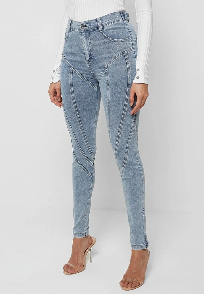 Woman Denim Contour Seam Detail Skinny Jeans - Mid Blue