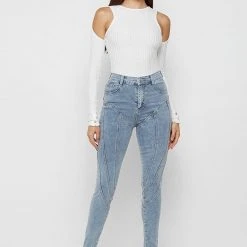 Woman Denim Contour Seam Detail Skinny Jeans - Mid Blue