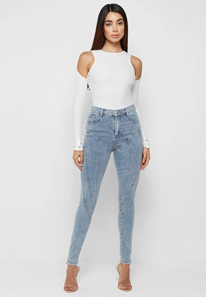 Woman Denim Contour Seam Detail Skinny Jeans - Mid Blue