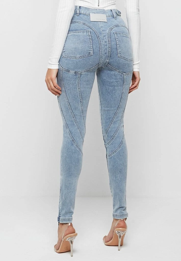 Woman Denim Contour Seam Detail Skinny Jeans - Mid Blue