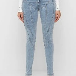 Woman Denim Contour Seam Detail Skinny Jeans - Mid Blue