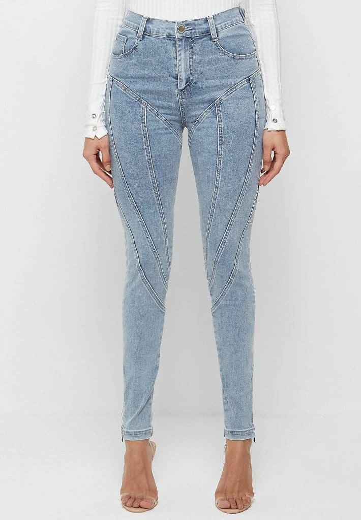 Woman Denim Contour Seam Detail Skinny Jeans - Mid Blue