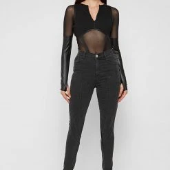 Woman Denim Contour Seam Detail Skinny Jeans - Washed Black