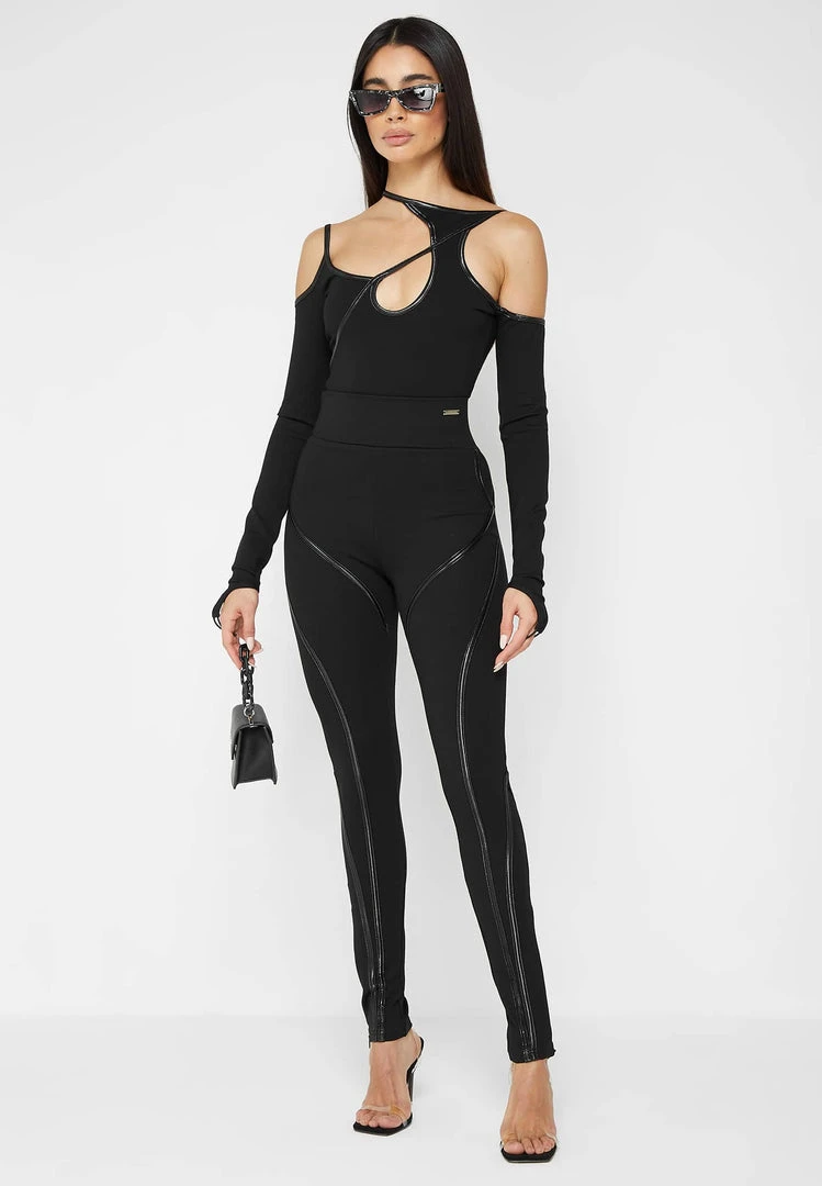 Woman Tops BODYSUITS Contrast Asymmetric Bodysuit - Black