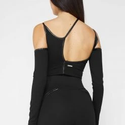 Woman Tops BODYSUITS Contrast Asymmetric Bodysuit - Black