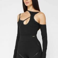 Woman Tops BODYSUITS Contrast Asymmetric Bodysuit - Black