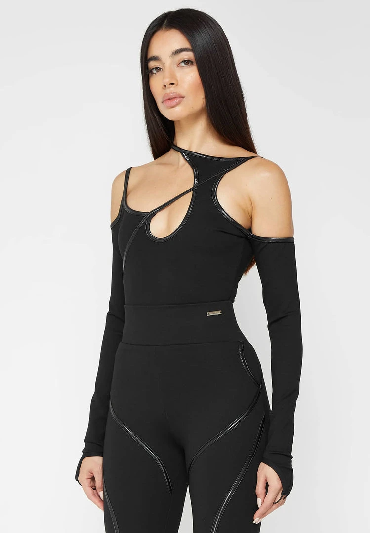 Woman Tops BODYSUITS Contrast Asymmetric Bodysuit - Black